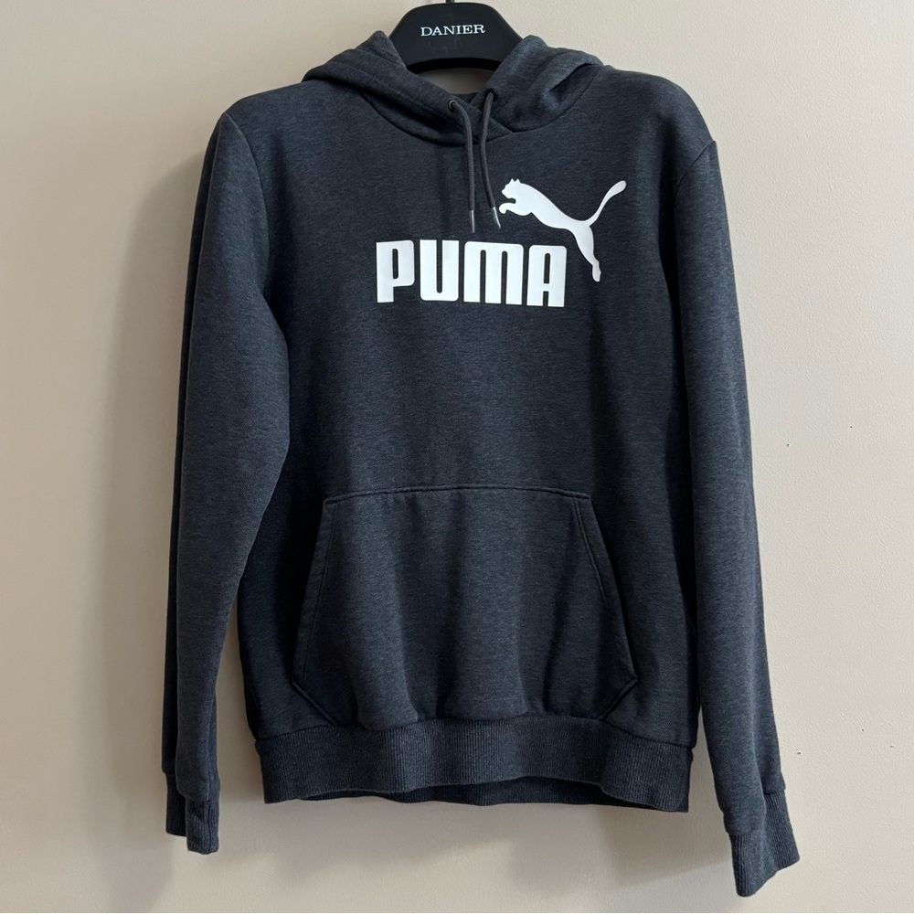 😍2/$20 Puma Sz M Hoodie In Charcoal Grey White Logo